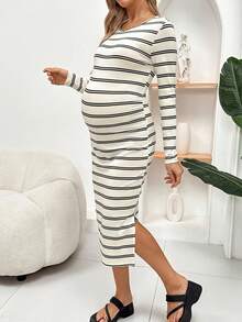 SHEIN Pregnant Women's Casual Striped Print Round Neck Long Sleeve Dress Lingerie Lingerie Set Underwear Women Pajama Pajama Dress Loungewear Nightgown Robe Sleepwear Sleepwear Set Tank Top With Bra - Black and White - View 6