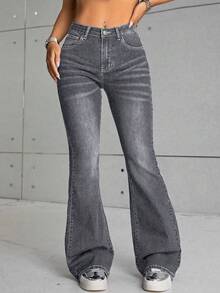 Women's Casual Fashion Commuter Washed Flare Jeans - Grey - View 3
