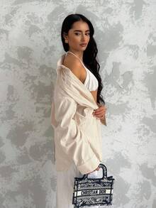 Glamine 休闲超大杏色长袖女式衬衫，简约日常秋季衬衫 - 杏色 - 查看 4