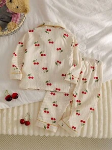 Girls Bubble Chiffon Yellow Striped Cherry Blossom Open Front Long Sleeve Top + Loose Yellow Striped Cherry Blossom Bubble Chiffon Pants, Comfortable Fall Winter