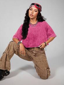 SHEIN EZwear Plus Size Pure Cotton Casual Washed Short Sleeve T-Shirt, Spring - Pink - View 6