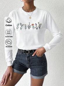 EURMUSE 100%Cotton Floral Print Round Neck Sweatshirt - White - View 1