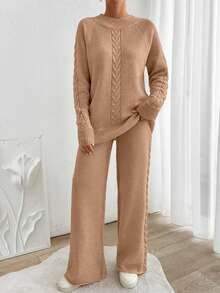 EURMUSE Women's Autumn Cable Pattern Raglan Sleeve Sweater And Knit Pants Casual 2 Pieces Set - Camel - View 2