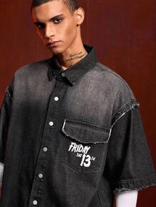 ROMWE MEN Friday the 13th X ROMWE 男式字母和面具印花水洗毛边翻盖口袋牛仔衬衫 - 黑色 - 查看 6