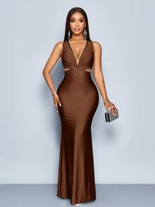 SOLERSUN Vestido largo elegante de mujer de unicolor con escote en V profundo, espalda descubierta y silueta ajustada de cola de pez - Café - Ver 6