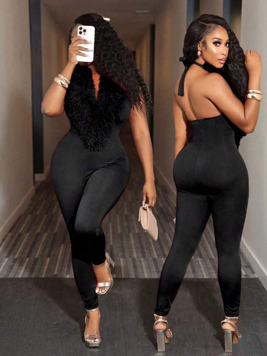 BamGleam Women's Fashionable Sexy Solid Color Patchwork Fluffy Trim Halter Backless Bodysuit - Black - View 1