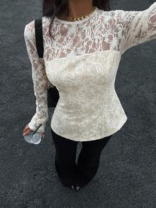 Siren Gaze Women's Double Layer Lace Patchwork Long Sleeve Blouse Winter Elegant Party Spring - Apricot - View 1