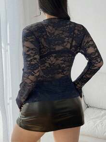 SHEIN Tall 大码女士性感透视蕾丝长袖圆领休闲修身高弹力藏蓝色/深蓝色上衣，适合夏季度假 - 藏蓝色 - 查看 2