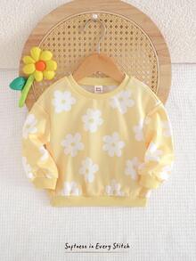 Cozy Pixies Baby Girl Colorful Floral Knit Soft Round Neck Drop Shoulder Sweatshirt,In Fall/Winter