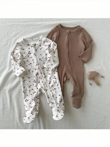 Loomiva Newborn Baby Boy/Girl Floral Print Soft Knit Crew Neck Long Sleeve Jumpsuit 2 Pieces Cute Zippered Multicolor Polyester Set Fall Winter - Multicolor - View 4