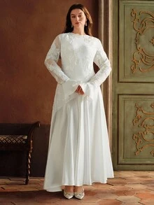 Anewsta Plus Size Women Floral Embroidery Patchwork Long Sleeve Elegant Dress - White - View 4