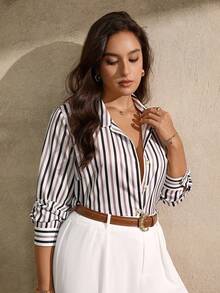 Juhart Plus Size Casual Commuter Striped Long Sleeve Shirt Fall Cloth For Women - Black - View 3