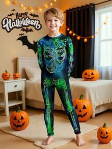 SHEIN Tween Boy Thermal Lined Knit Casual Minimalist Snug Fit Long Sleeve Crew Neck Pants Loungewear, Suitable For Autumn/Winter - Multicolor - View 1