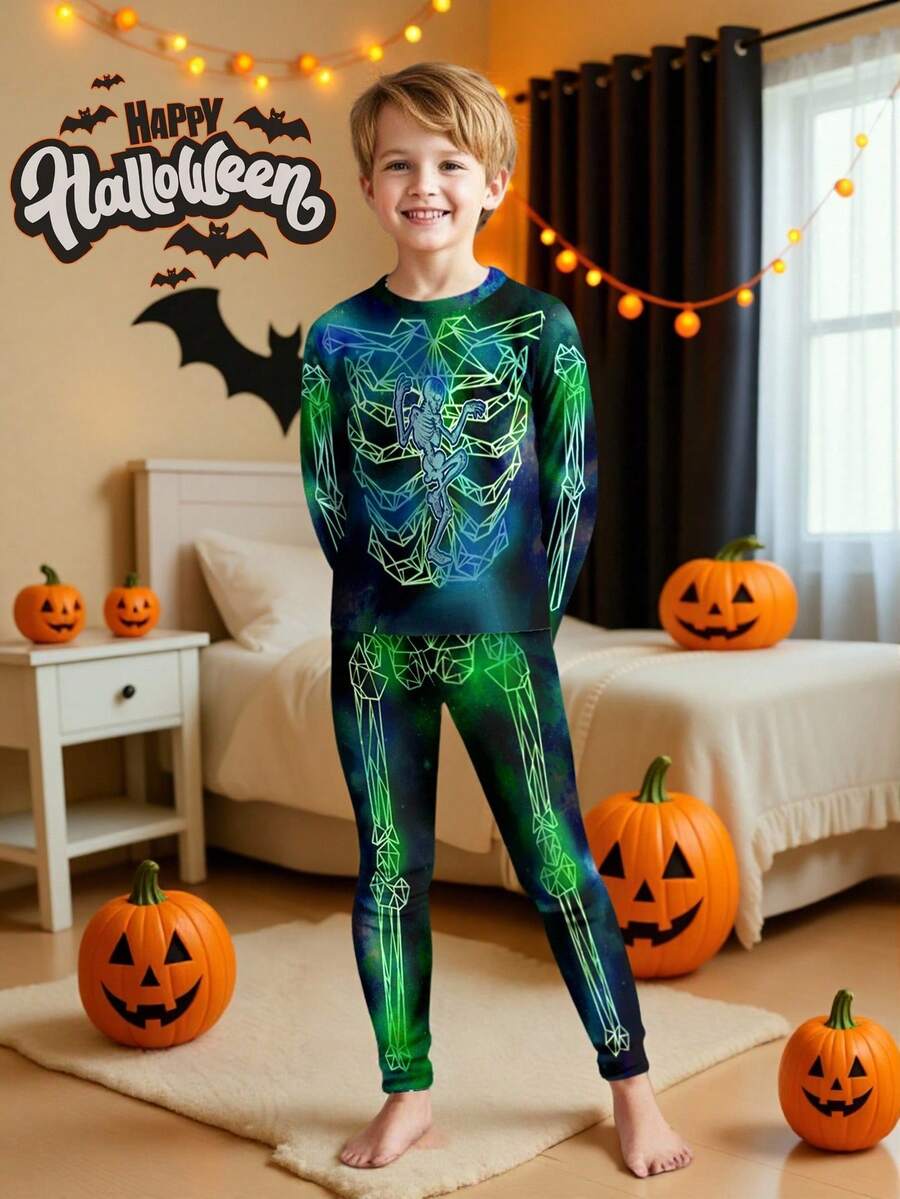 SHEIN Tween Boy Thermal Lined Knit Casual Minimalist Snug Fit Long Sleeve Crew Neck Pants Loungewear, Suitable For Autumn/Winter - Multicolor - View 1