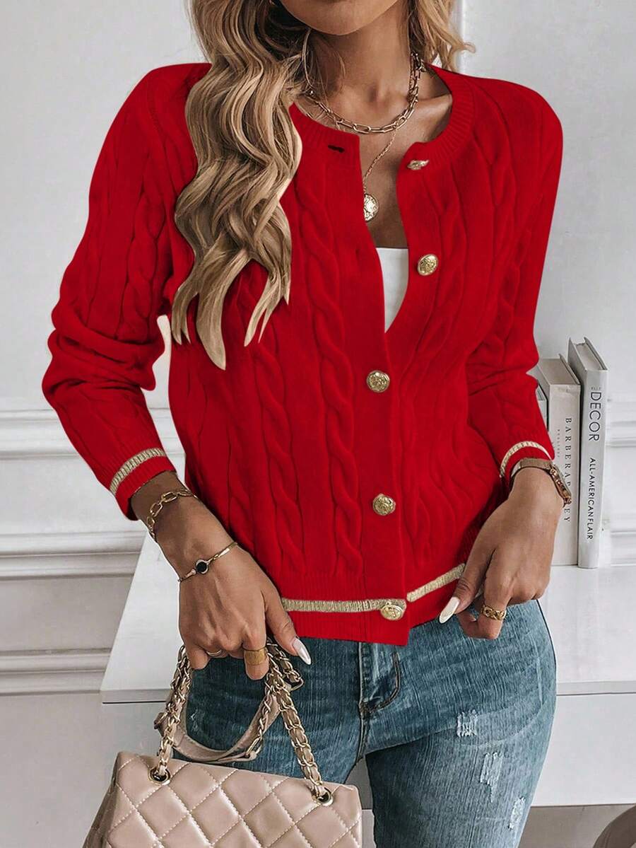 SHEIN PariChic Women's Contrast Color Minimalist Everyday Long Sleeve Knit Cardigan - Red - View 1