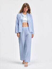 LOUNGEISTA 2pcs/Set Women's Striped Button-Front Long Sleeve Pajamas With Straight Leg Elastic Waist Pants, Home Wear,Two Pieces Set, Light Blue Pajamas, Fall Clothes - Blue - View 4