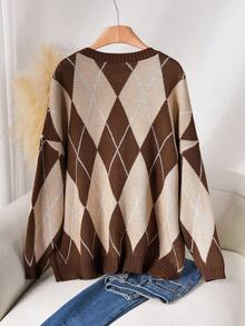 CosyJoli Plus Size Casual Minimalist All-Match Versatile Urban Chic Diamond Pattern Knit Cardigan Sweater, Autumn/Winter Women Cardigan Brown Cardigan Argyle Cardigan Diamond Cardigan - Multicolor - View 2