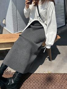 FRIFUL 女士纯色深灰色罗纹针织弹力腰直筒半身裙，显瘦，适合度假、秋季和冬季穿着。