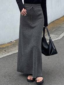 FRIFUL Women's Solid Color Elastic Waist Drawstring Decor Straight Casual Loose Knit Skirt, Airport, Autumn - Grey - View 3