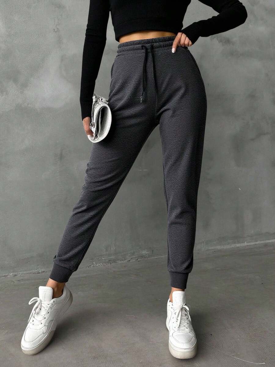 SHEIN PETITE 純色抓絨慢跑褲,秋冬款,小碼女款 - 深灰色 - 查看 1