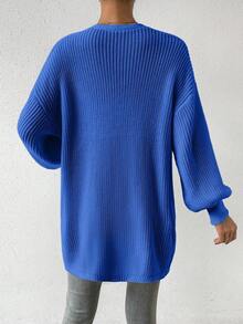 SHEIN LUNE 女士纯色落肩长袖长款休闲宽松针织开衫，秋季 - 寶藍色 - 查看 2