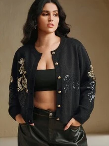 Anewsta Áo khoác len cardigan họa tiết hoa đính đá thêu, thích hợp cho mùa thu, mùa đông, đi chơi, thanh lịch, trang trọng, tiệc tùng, sang trọng, năm mới, giáng sinh, công sở, tốt nghiệp, đám cưới - màu đen - Xem 6
