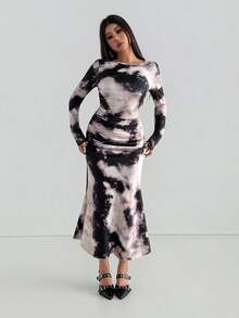 Aidyla Women's Autumn Knitted Tie Dye Print Long Sleeve Bodycon Elegant Going Out Date Vintage Style Maxi Wrap Dress, Black Fall Cloth For Women - Multicolor - View 9