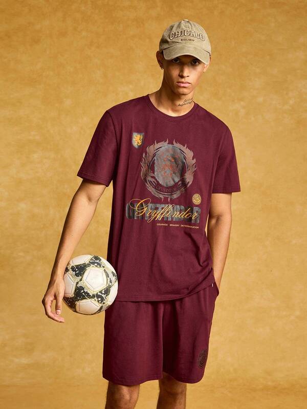 HARRY POTTER X SHEIN Men's Letter Graphic Round Neck Short Sleeve T-Shirt And Shorts Set