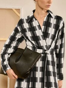 Chiquease Abito casual lungo a quadri classico nero, bianco e grigio con colletto alla coreana, design in vita e spalle scoperte, per donna, adatto per primavera/autunno - Multicolore - Visualizzare 1