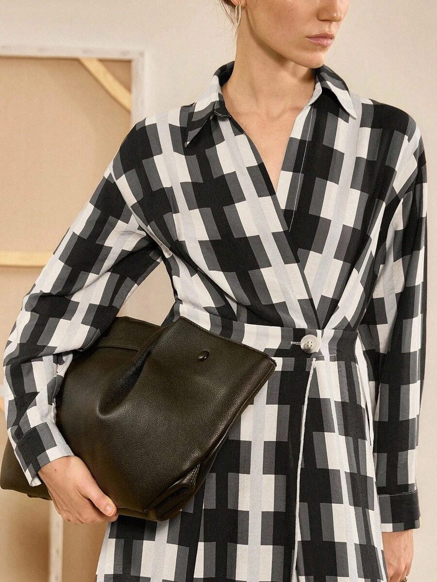 Chiquease Abito casual lungo a quadri classico nero, bianco e grigio con colletto alla coreana, design in vita e spalle scoperte, per donna, adatto per primavera/autunno - Multicolore - Visualizzare 1
