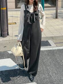 FRIFUL Combinaison gris foncé unicolore pour femmes avec décoration de nœud à l'avant, jambe droite, combinaison longue polyvalente et décontractée, automne - Gris - Voir 1