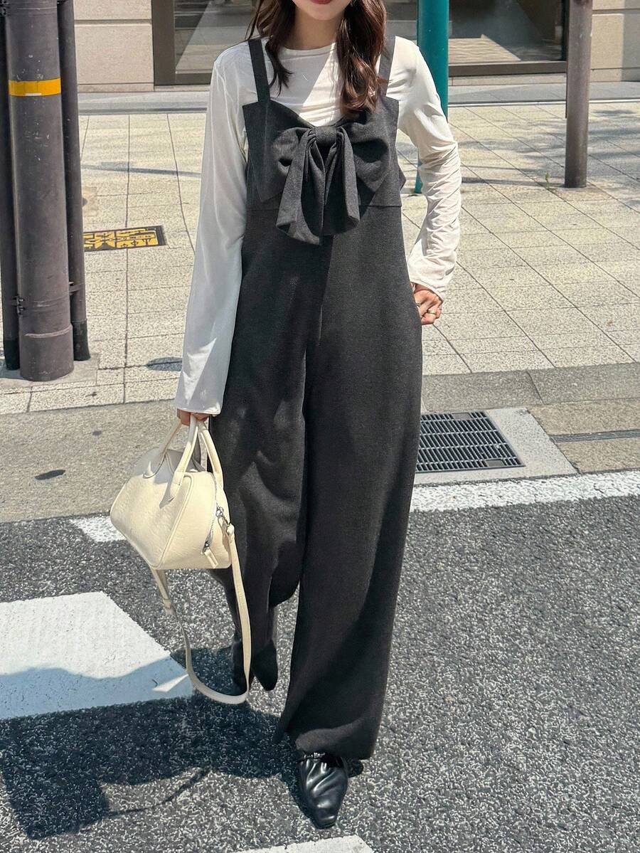 FRIFUL Combinaison gris foncé unicolore pour femmes avec décoration de nœud à l'avant, jambe droite, combinaison longue polyvalente et décontractée, automne - Gris - Voir 1