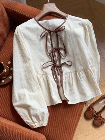 Comfortcana Contrast Trim Tie Front Shirt Cotton Blouse Linen Blouses For Women