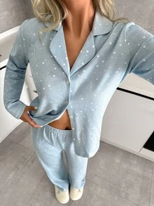SHEIN PETITE PETITE SIZE Cotton Women 2 Pcs Contrast Colour Star Pattern Button Front Homewear Pajama Set For Ladies - Mint Blue - View 5