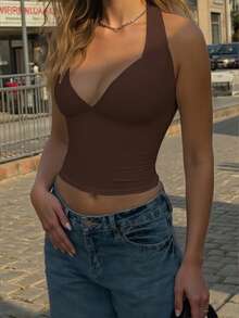 Zyxie Camiseta de tirantes de cuello halter de unicolor y estilo minimalista, para uso diario de mujer