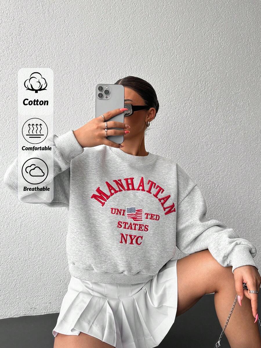 EURMUSE 100%Cotton Women's Round Neck Casual Long Sleeve Sweatshirt With Letter Embroidery - Grey - View 1