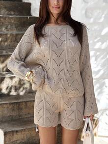 EURMUSE Women Beachwear Hollow Out For Summer Beige 2 Pieces Short And Sweater - Cream - View 4