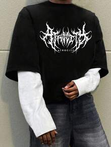 Manfinity Dauomo 男士休闲时尚街头字母印花拼接二合一长袖 T 恤，春/秋 - 彩色 - 查看 1