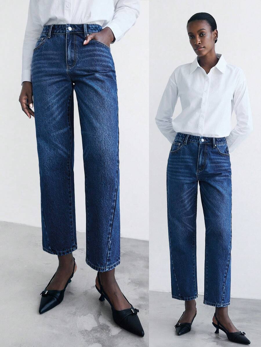 Maija Women's Blue Jeans Low Waist Tapered Pants Slim Mom Pants Autumn Classic Denim Style All-Match Women's Clothing - Medium Wash - View 1