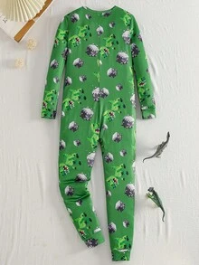 Big Boy Robot Graphic Knit Hooded Long Sleeve Jumpsuit, Zipper Closure, Casual & Versatile, Autumn/Winter - Green - View 2