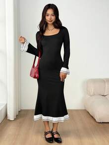 SHEIN Gaun Ekor Ikan Berenda dengan Warna Kontras Elegan untuk Remaja Perempuan, Cocok untuk Musim Gugur dan Musim Dingin. - Hitam - View 5
