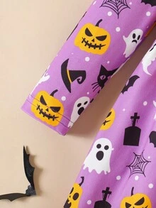 SHEIN Playful Pals Baby Girl Halloween Ghost & Pumpkin Print Cute Casual Comfortable Long Sleeve Holiday Outfit Fall Winter - Multicolor - View 7