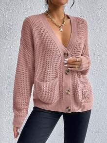 Women's Solid Color Drop Shoulder Long Sleeve Single-Breasted Casual Pocket Cardigan, Autumn,Cardigans,Petite,Tall