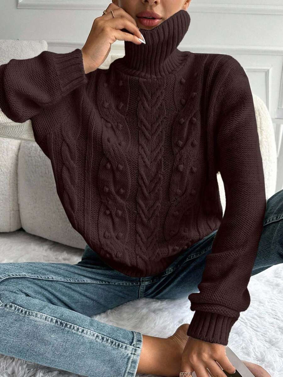 EURMUSE Women's Casual Solid Color Turtleneck Sweater, Autumn/Winter - Coffee Brown - View 1