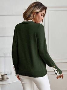 EMERY ROSE Áo len dài tay cổ bẻ viền bèo nhún màu tương phản thanh lịch - Màu xanh lá cây đậm - Xem 2