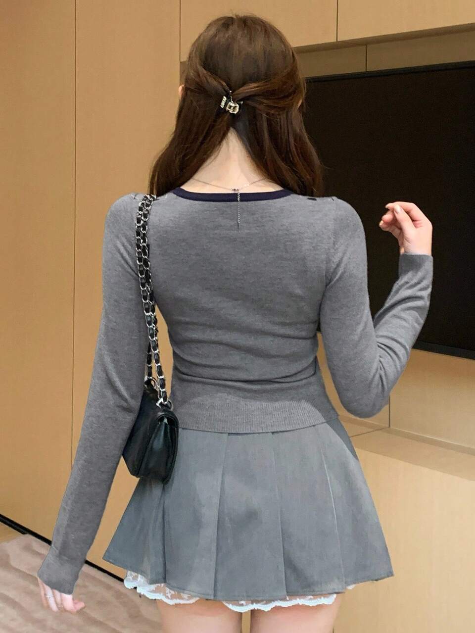 Plaid Patchwork 2 In 1 Bowknot Fitted Long Sleeve Square Neck Casual Sweater For Women, Autumn/Winter School