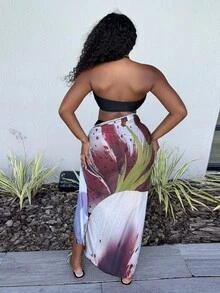 Alexandranx 系带花卉图案印花超长纱笼罩衫春夏季度假海滩泳装优雅可爱性感波西米亚风伊比萨岛 - 彩色 - 查看 2