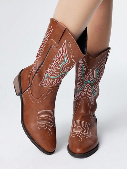 Fairycore Stivali da cowboy sottili alla moda 2025, stivali western con ricami, stivali da cowgirl con tacco chunky per primavera/autunno