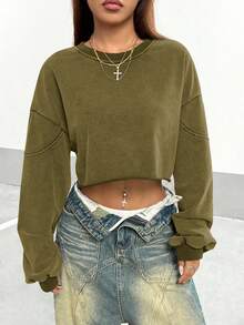 StreetHx Women's Solid Color Crew Neck Loose Boxy Cropped Washed Sweatshirt - Green - View 7