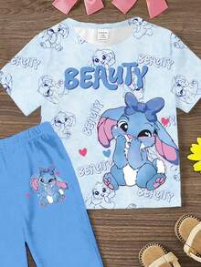 Back To School Girls Toddler Casual Cute Rabbit Digital Print Blue Set, Cartoon Short Sleeve T-Shirt And Flared Pants Outfit, Versatile Suit For New School Year